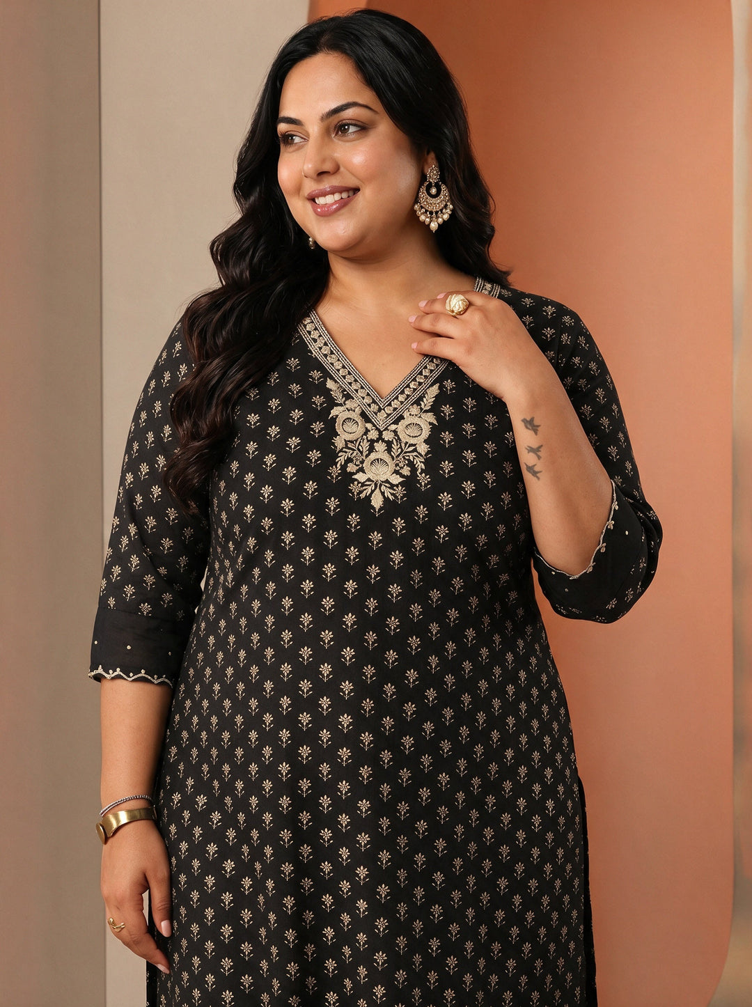  Plus Size Black Floral Printed Cotton Blend Straight Suit Set 