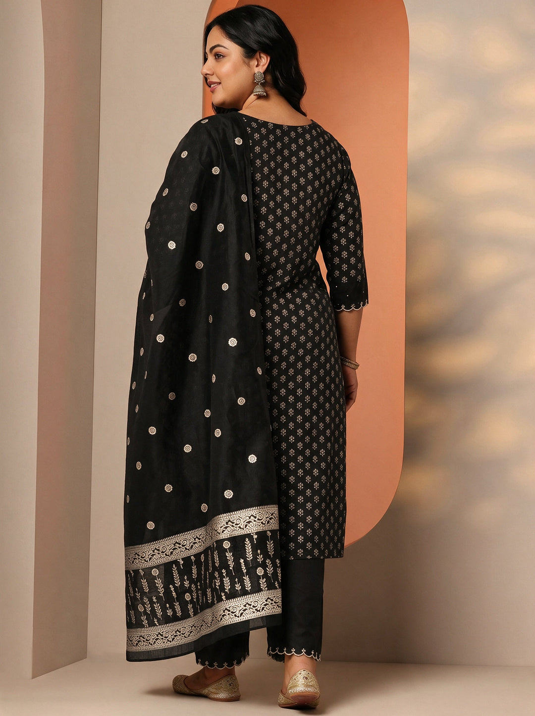  Plus Size Black Floral Printed Cotton Blend Straight Suit Set 