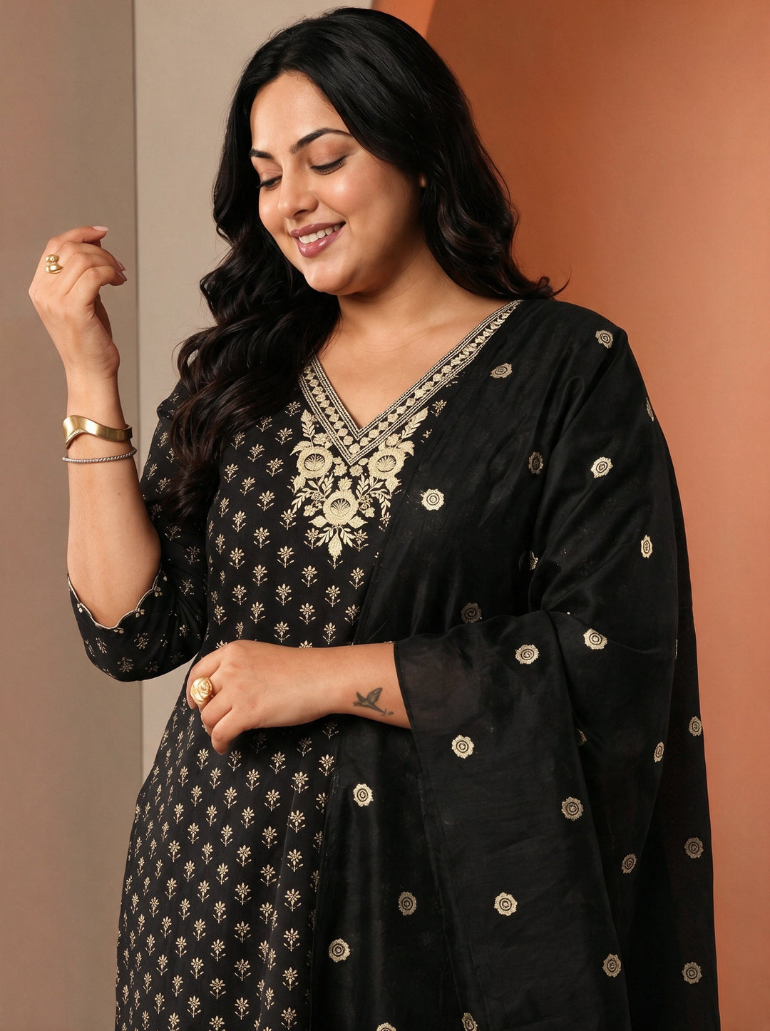  Plus Size Black Floral Printed Cotton Blend Straight Suit Set 