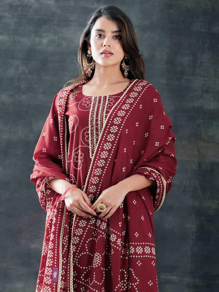 Libas Maroon Printed Cotton Straight Suit Set With Dupatta