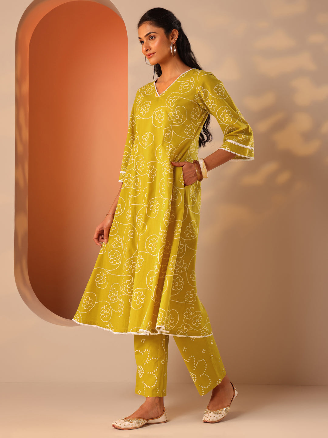  Mustard Printed Cotton A-Line Suit Set With Dupatta 
