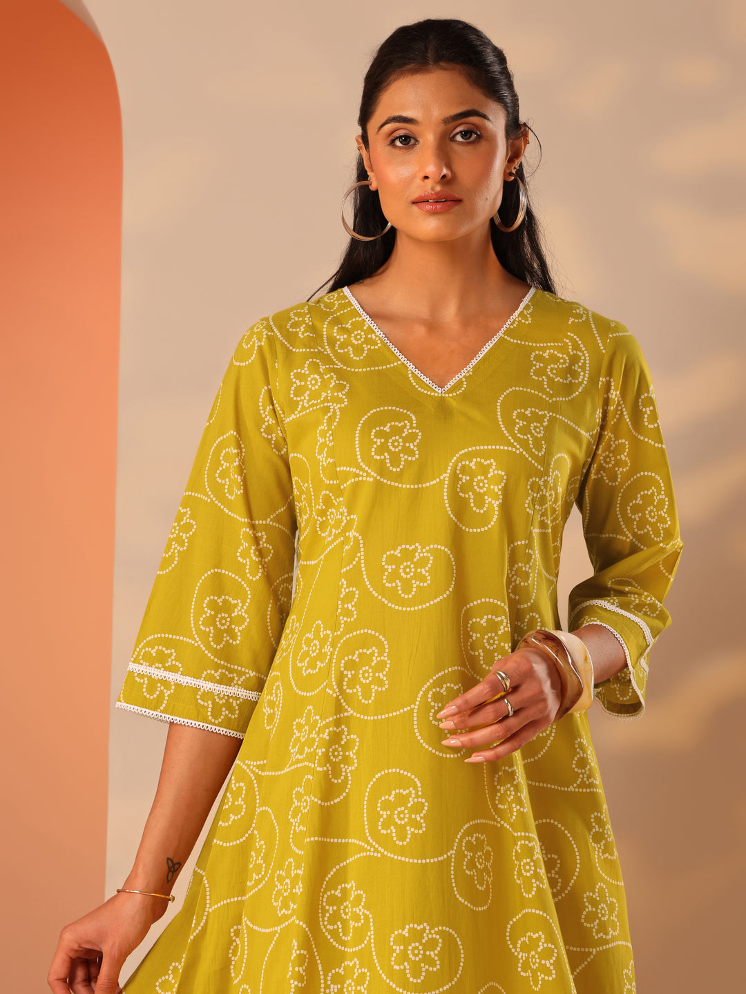  Mustard Printed Cotton A-Line Suit Set With Dupatta 