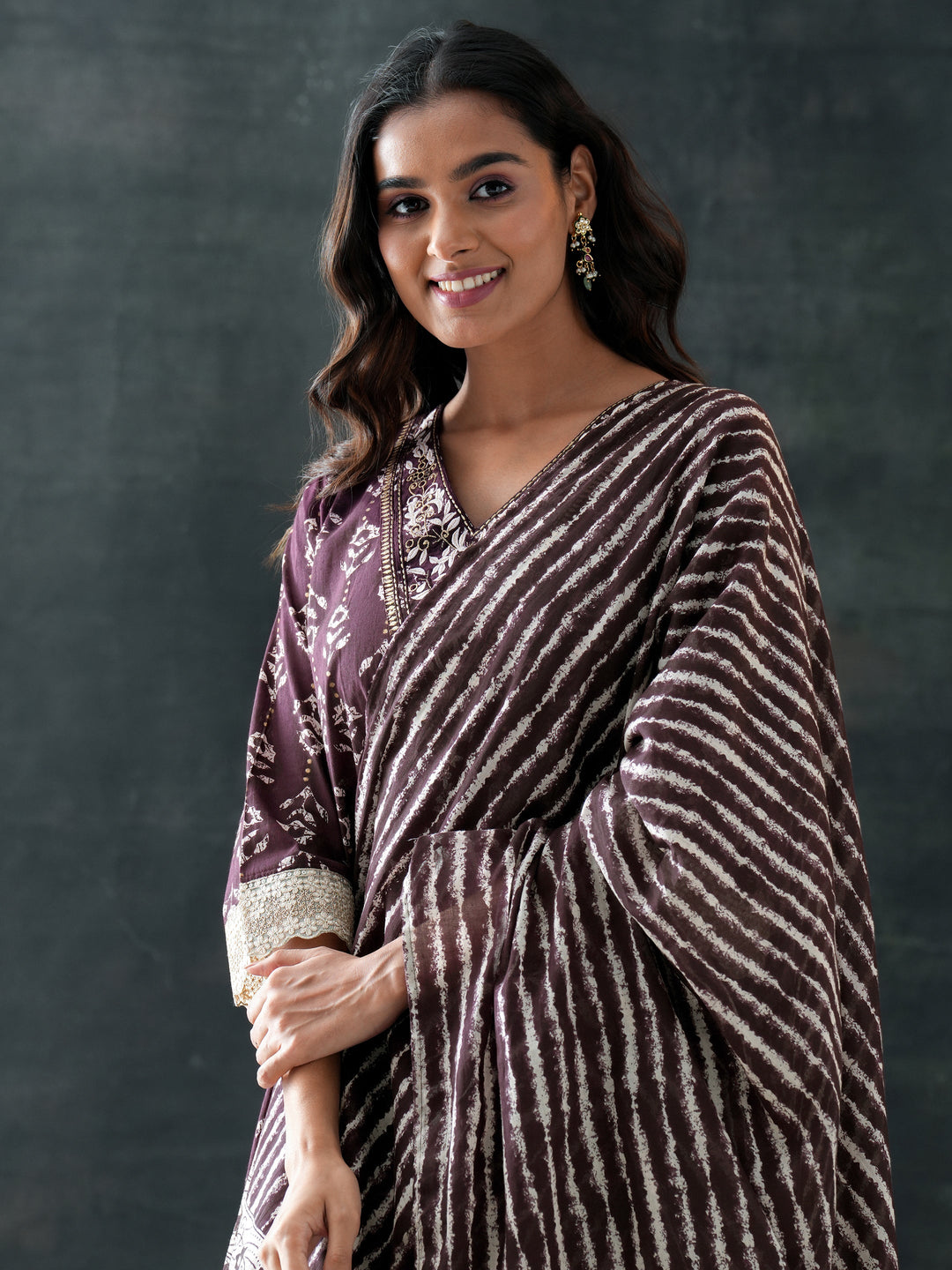  Brown Printed Cotton A-Line Suit Set With Dupatta 