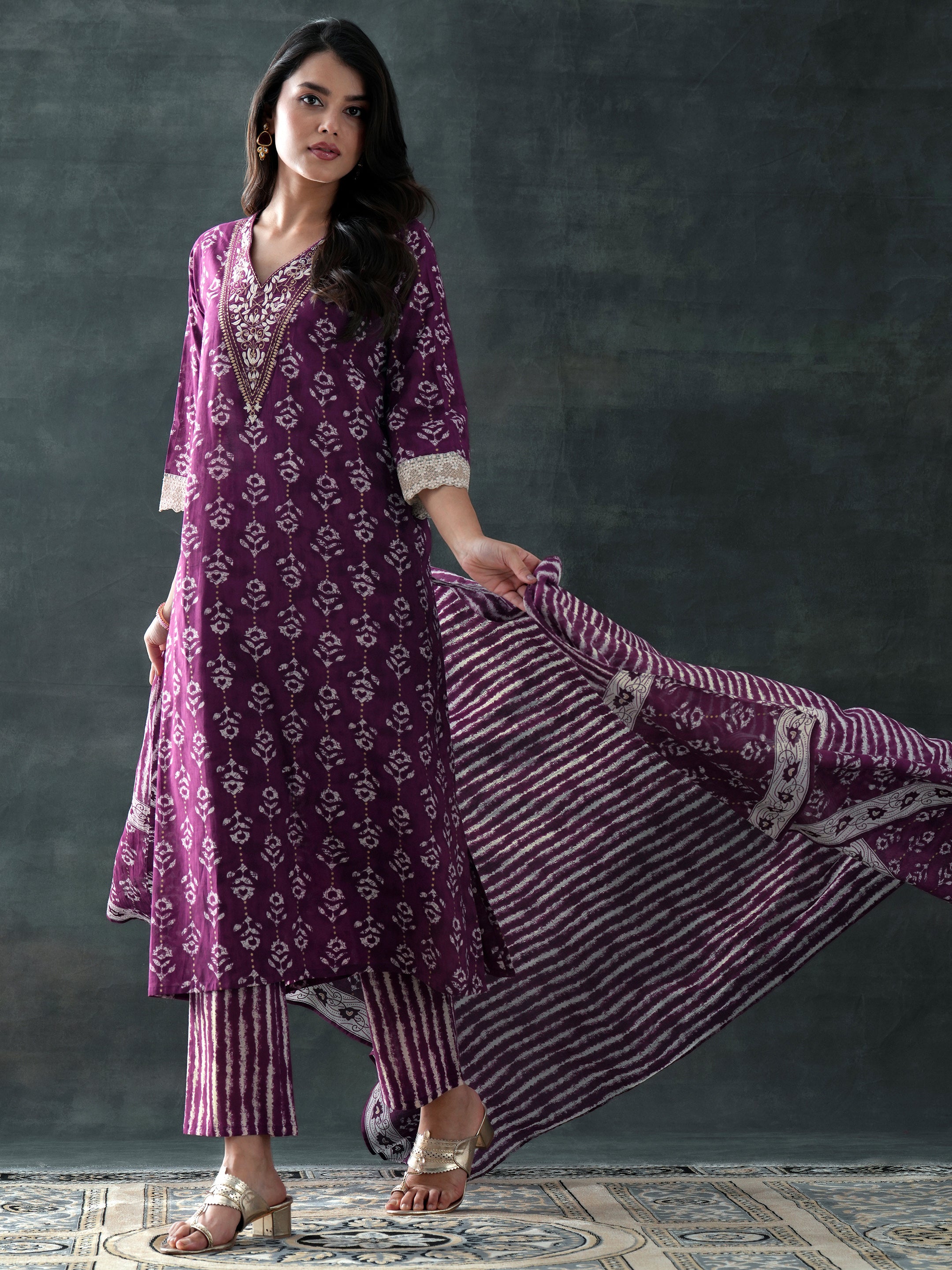 libas Purple Printed Cotton A-Line Suit Set With Dupatta-picture-40