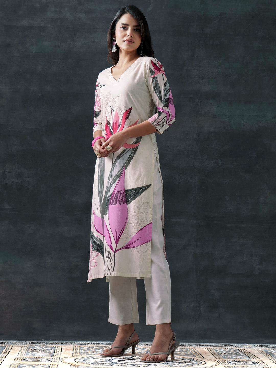  Beige Printed Cotton Straight Suit Set With Dupatta 