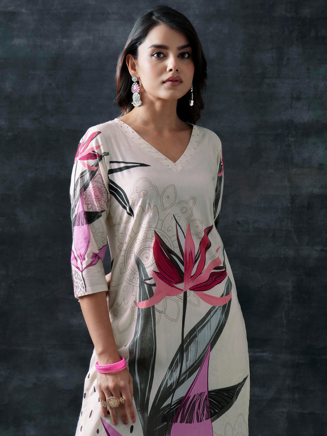  Beige Printed Cotton Straight Suit Set With Dupatta 