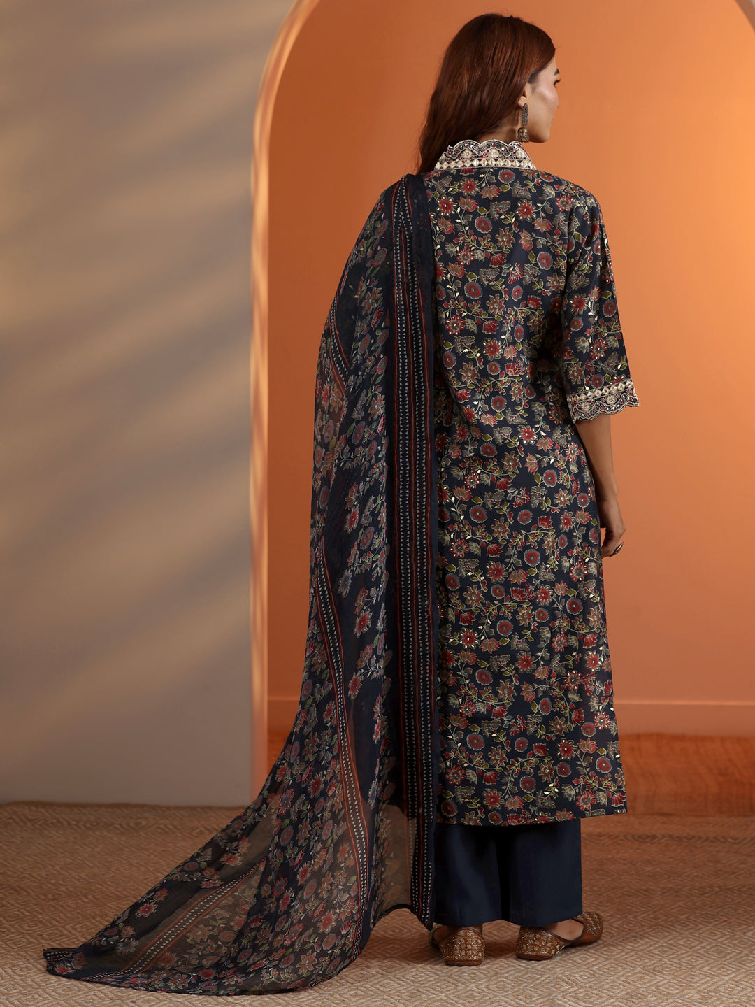  Blue Printed Silk Blend Straight Suit Set With Dupatta 