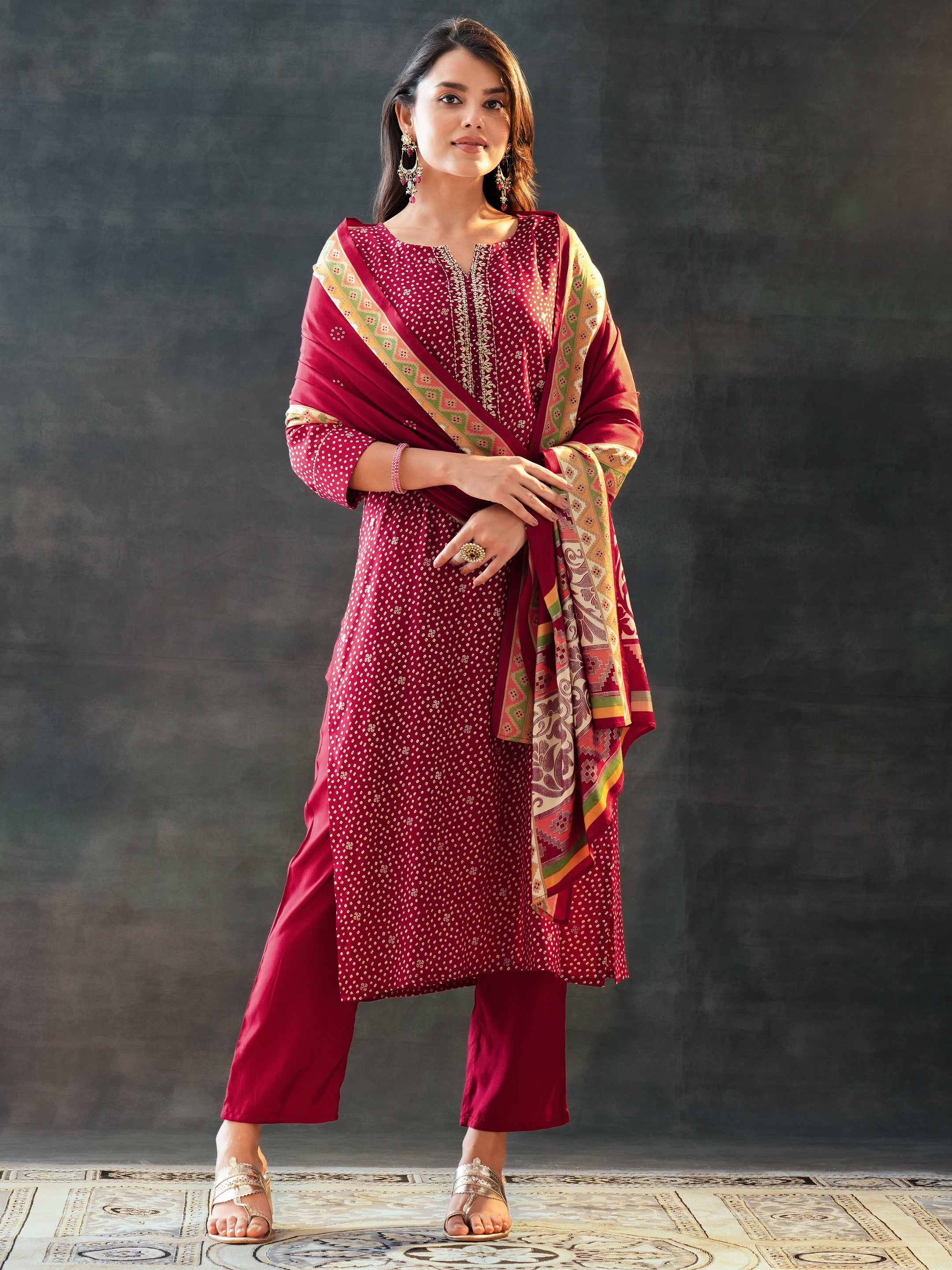 Maroon Printed Silk Blend Straight Suit Set With Dupatta-image-33