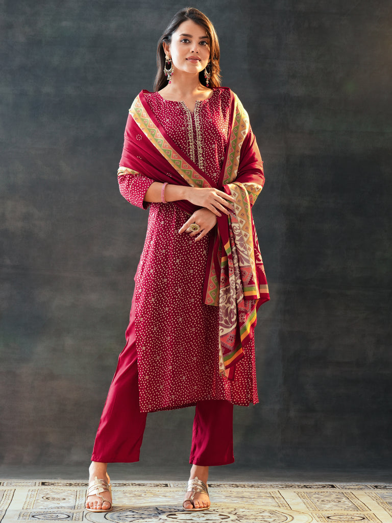 Libas Maroon Printed Silk Blend Straight Suit Set With Dupatta
