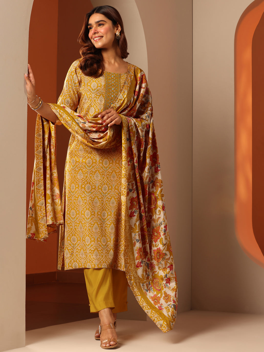 Mustard Printed Silk Blend Straight Suit Set With Dupatta