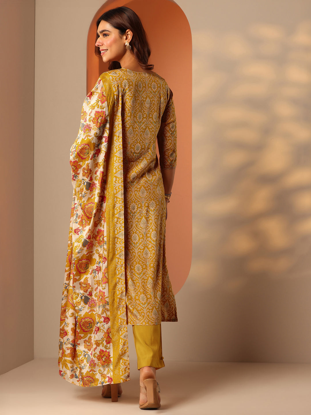  Mustard Printed Silk Blend Straight Suit Set With Dupatta 