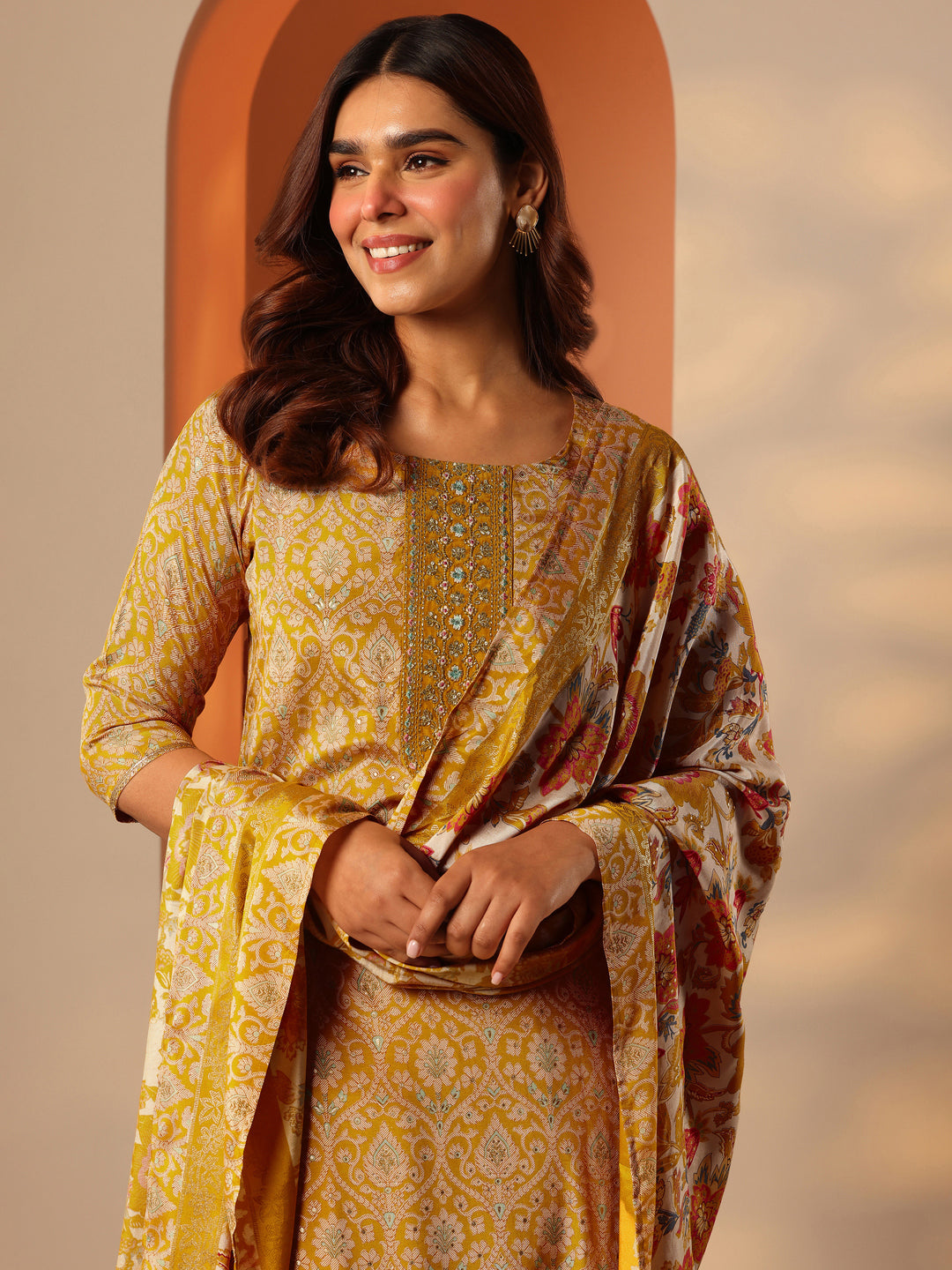  Mustard Printed Silk Blend Straight Suit Set With Dupatta 
