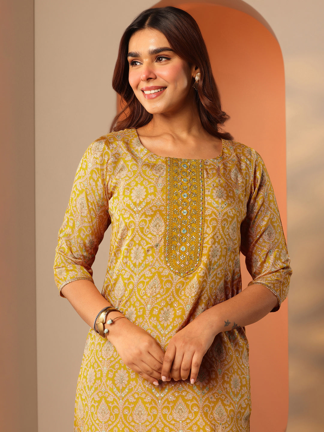  Mustard Printed Silk Blend Straight Suit Set With Dupatta 