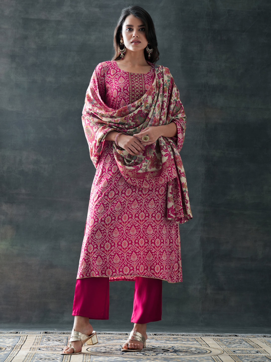  Pink Printed Silk Blend Straight Suit Set With Dupatta 