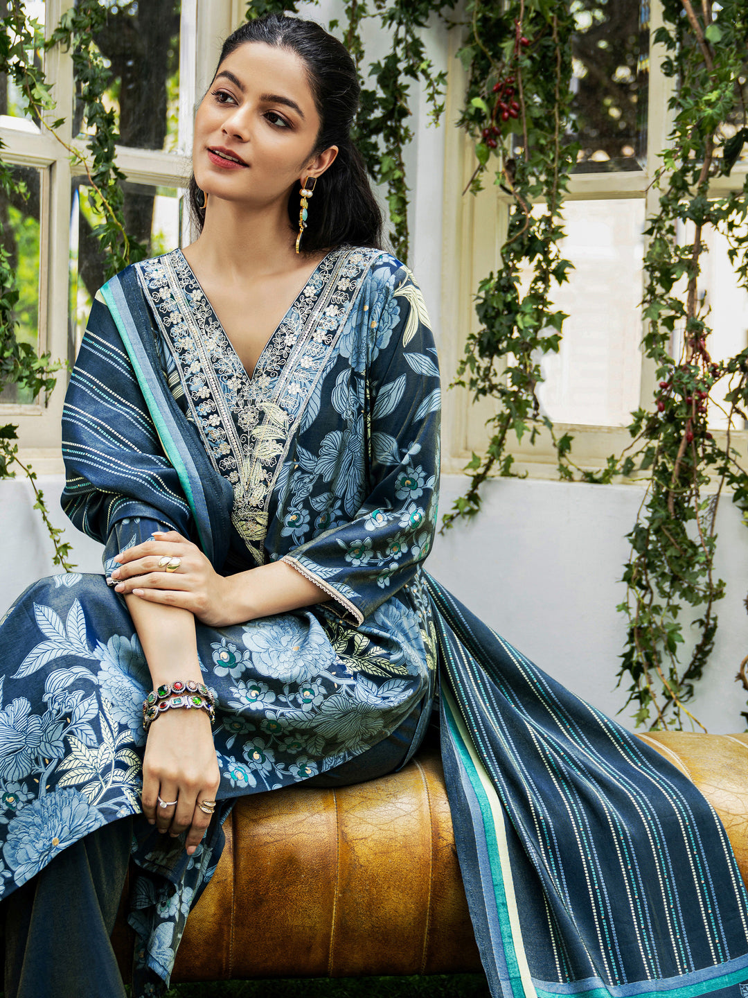  Blue Printed Silk Blend Straight Suit Set With Dupatta 