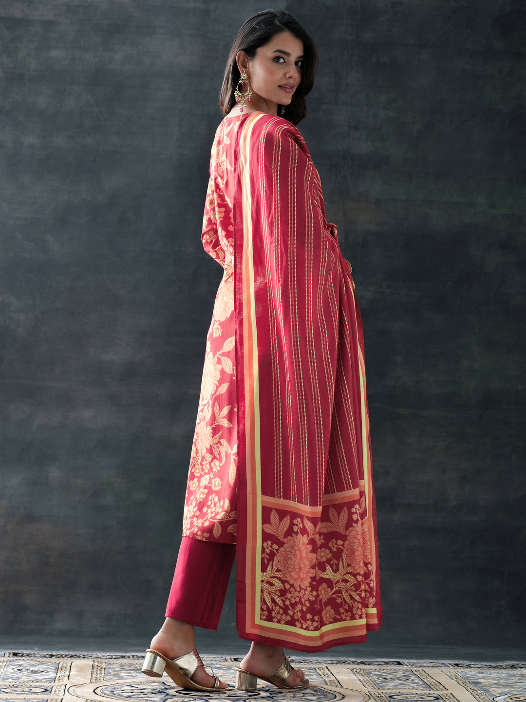  Maroon Printed Silk Blend Straight Suit Set With Dupatta 