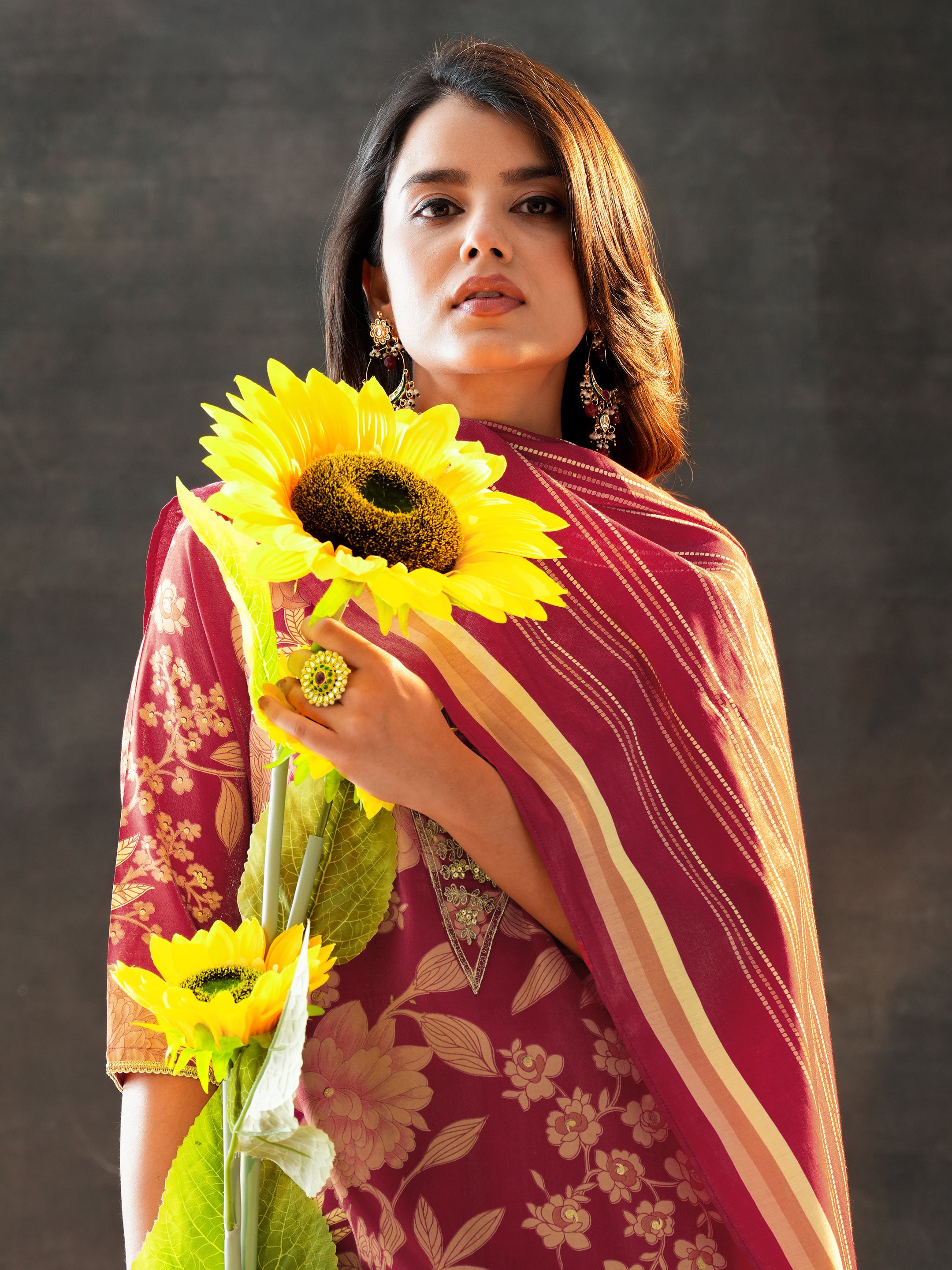 libas Maroon Printed Silk Blend Straight Suit Set With Dupatta-picture-12
