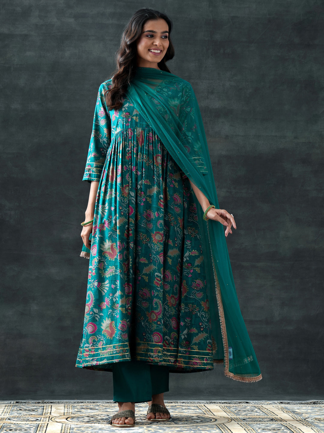  Teal Printed Silk Blend Anarkali Suit Set With Dupatta 