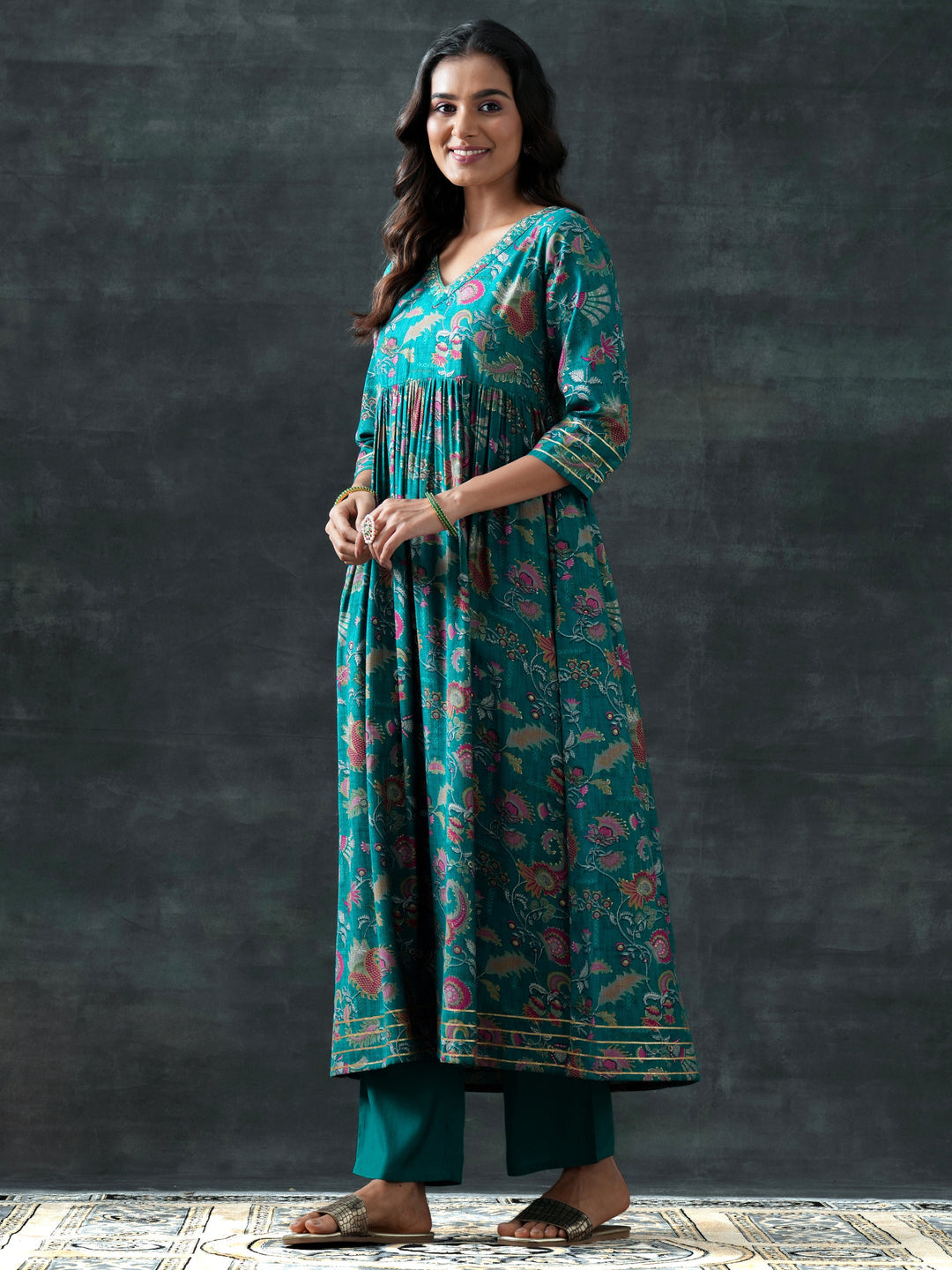  Teal Printed Silk Blend Anarkali Suit Set With Dupatta 