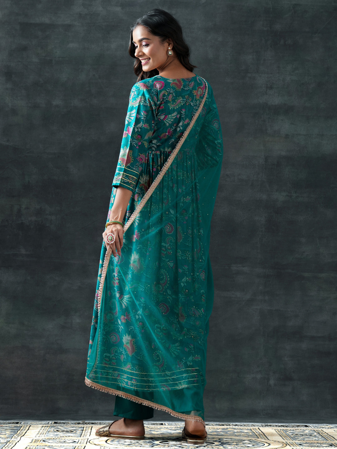  Teal Printed Silk Blend Anarkali Suit Set With Dupatta 