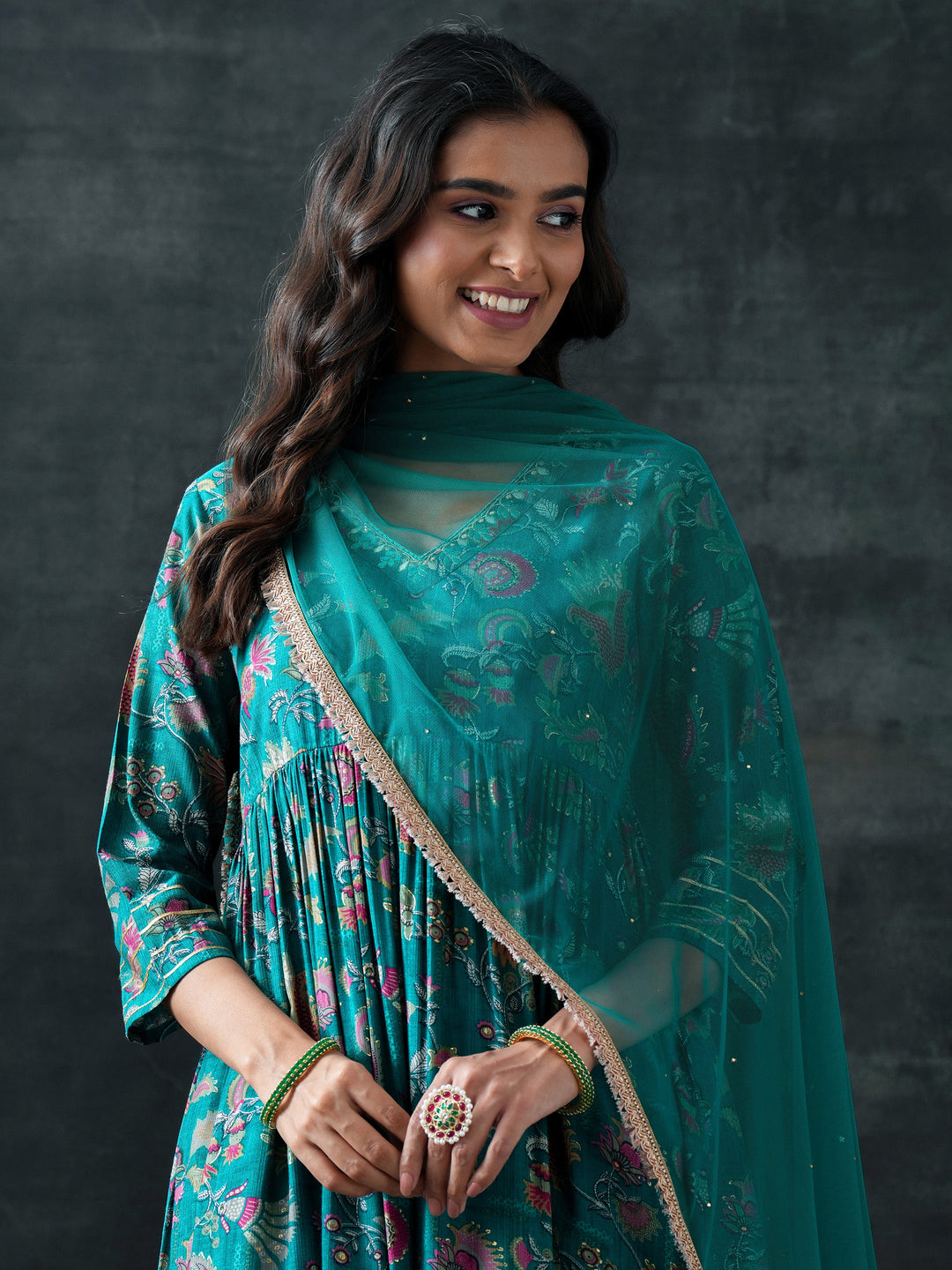  Teal Printed Silk Blend Anarkali Suit Set With Dupatta 