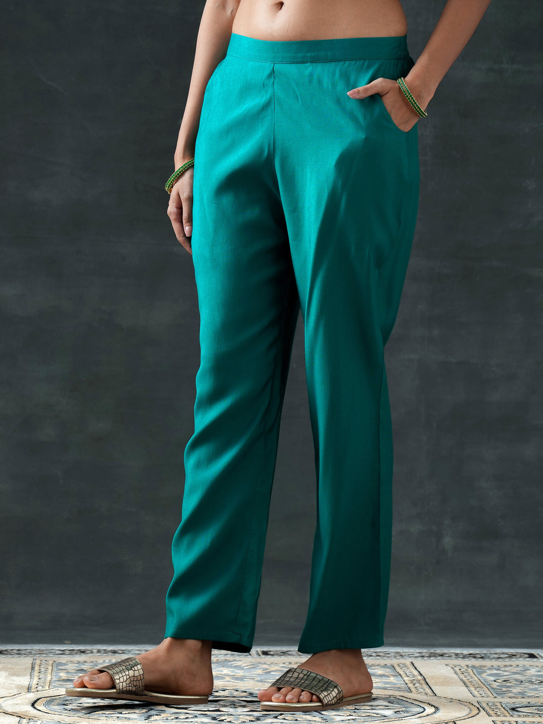  Teal Printed Silk Blend Anarkali Suit Set With Dupatta 