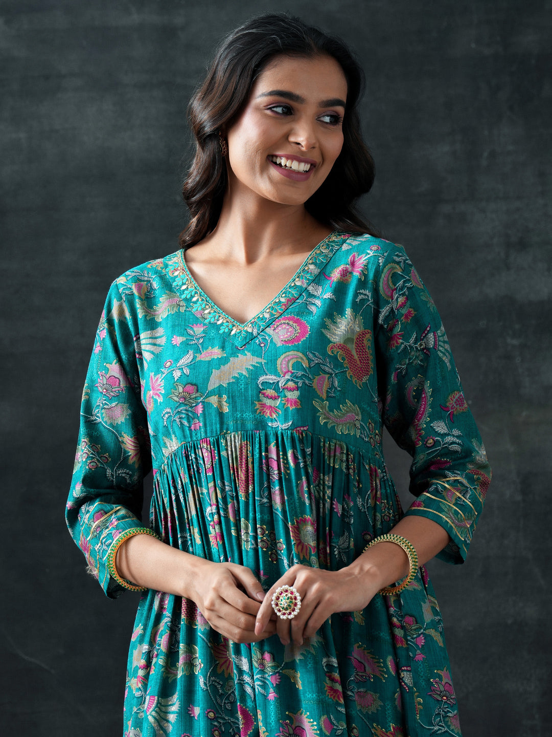  Teal Printed Silk Blend Anarkali Suit Set With Dupatta 