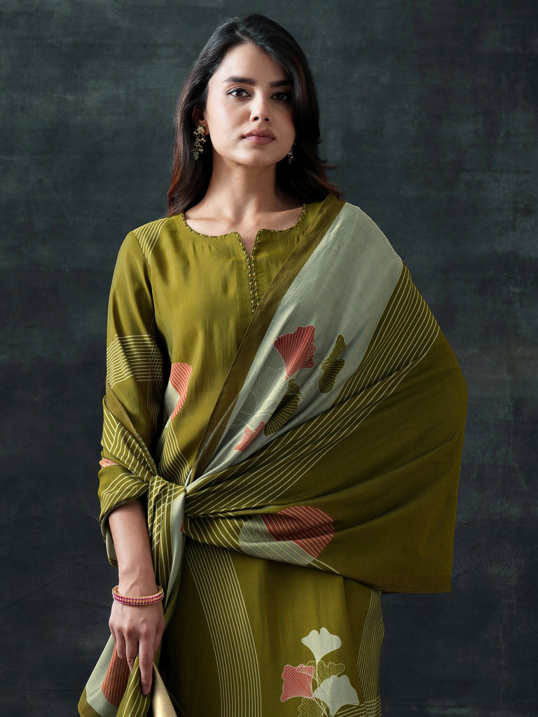Libas Green Printed Silk Blend Straight Suit Set With Dupatta
