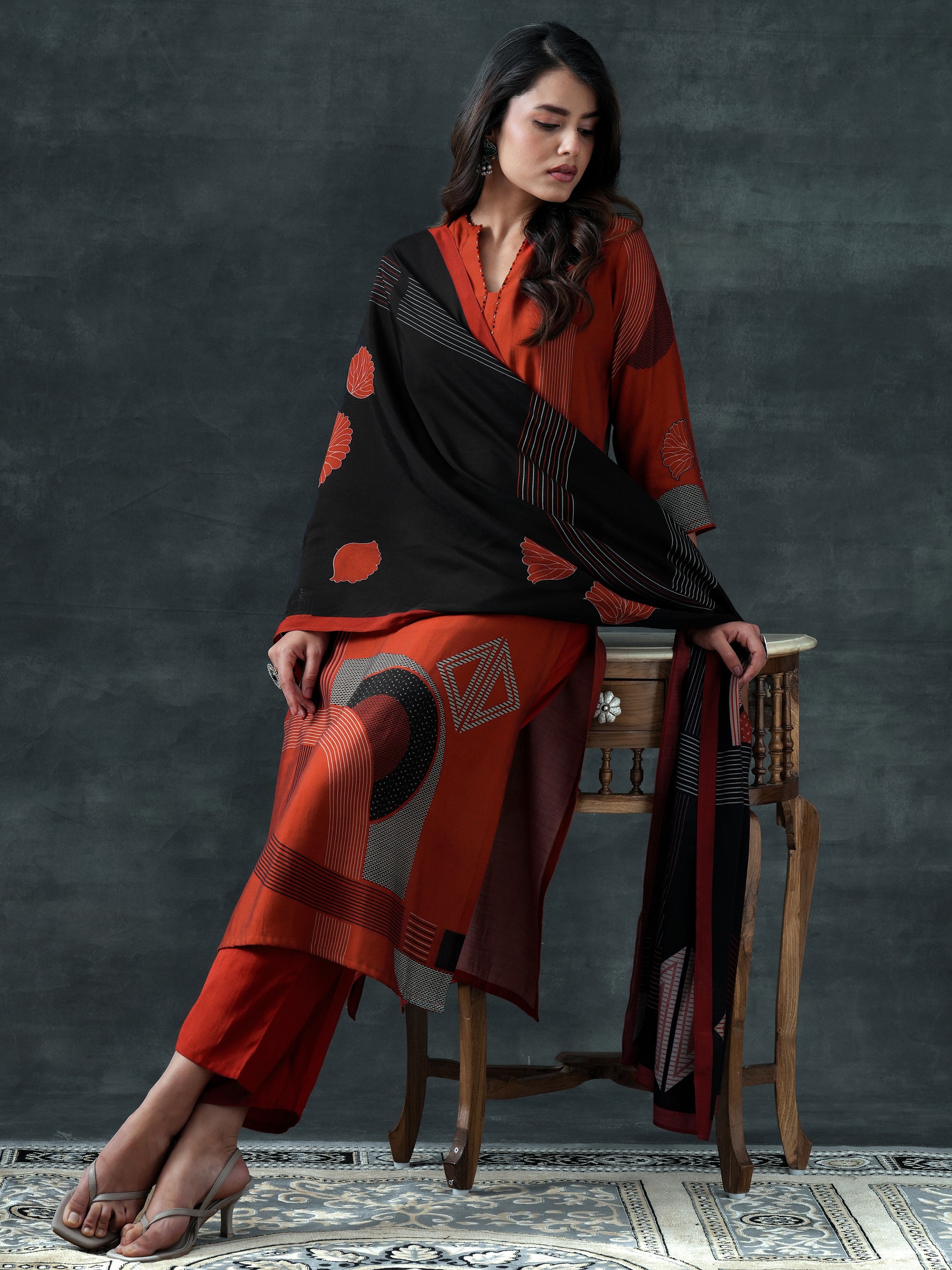 libas Rust Printed Silk Blend Straight Suit Set With Dupatta-picture-18