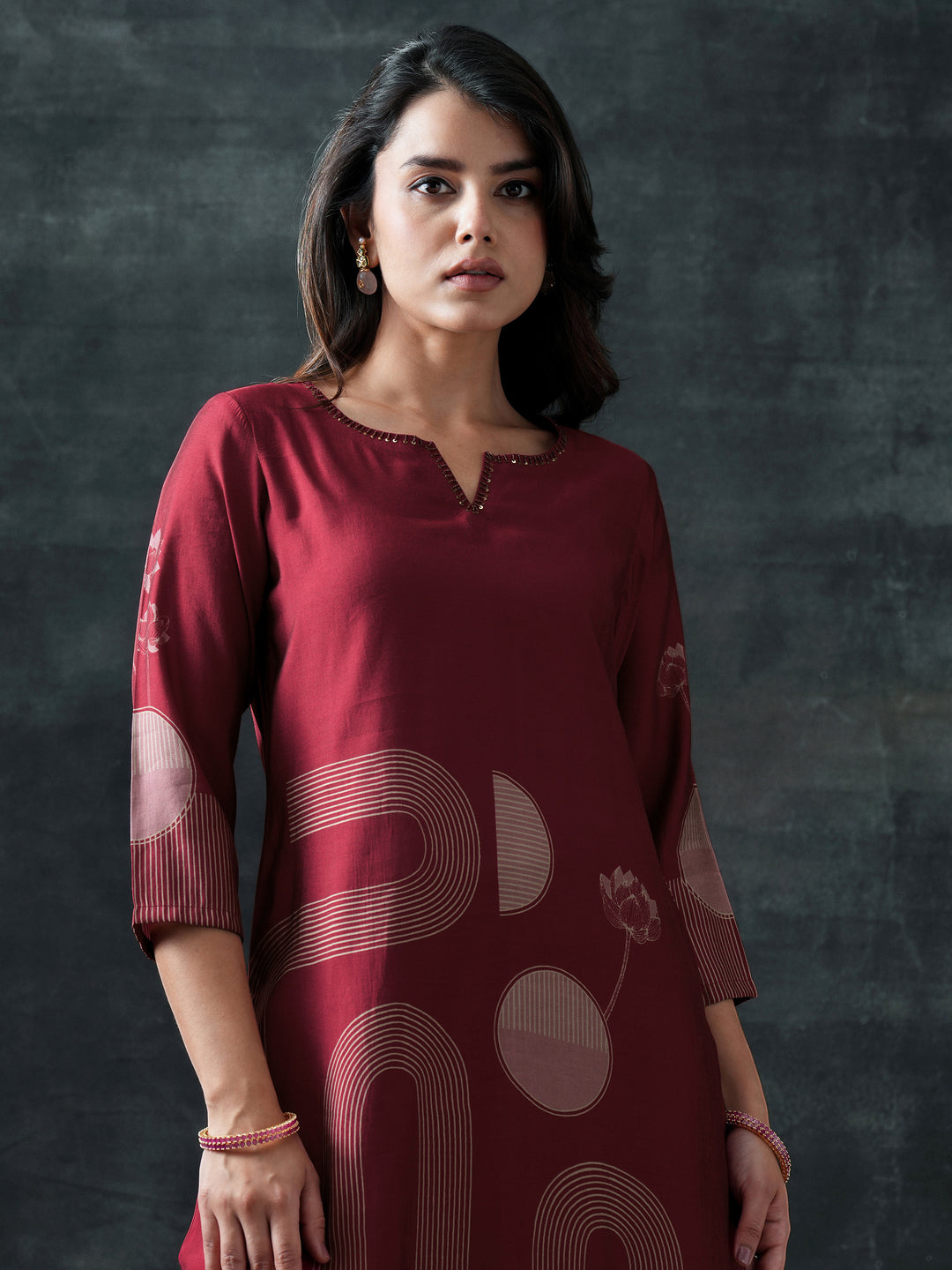  Maroon Printed Silk Blend Straight Suit Set With Dupatta 