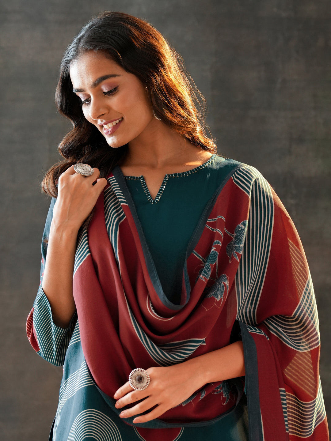 Blue Printed Silk Blend Straight Suit Set With Dupatta