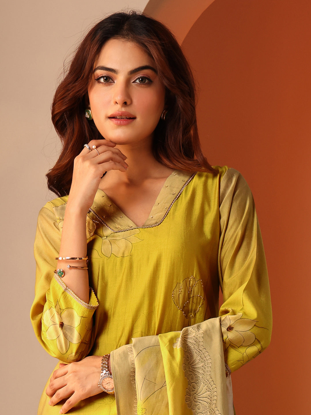  Yellow Printed Silk Blend Straight Suit Set With Dupatta 