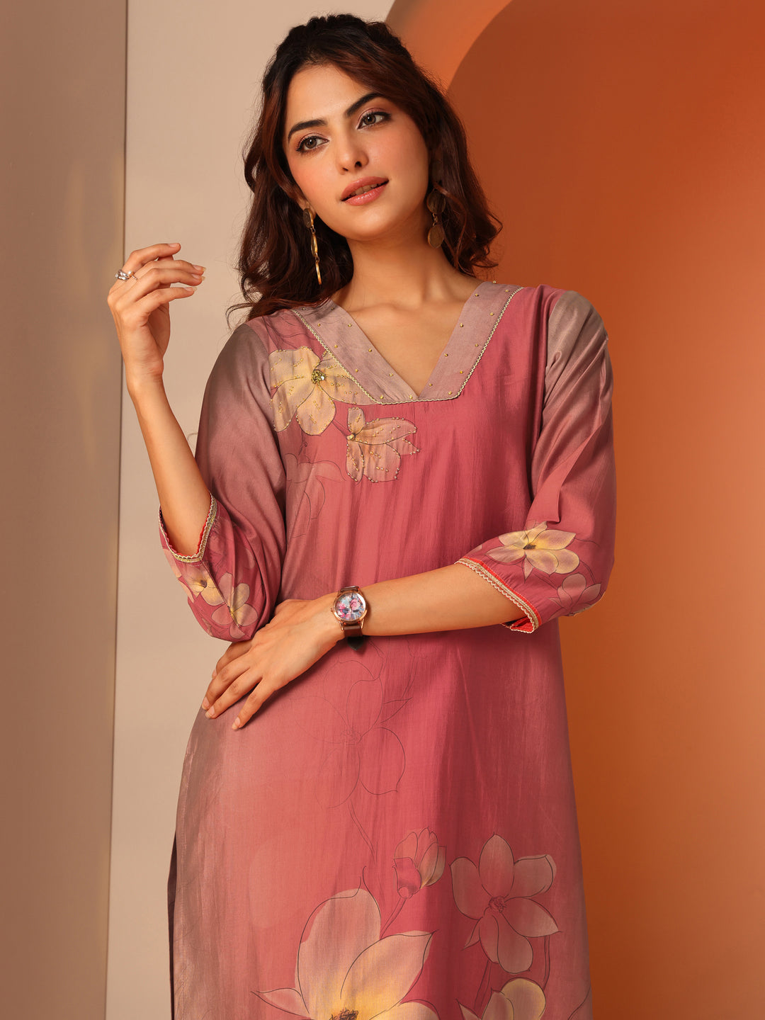  Peach Printed Silk Blend Straight Suit Set With Dupatta 
