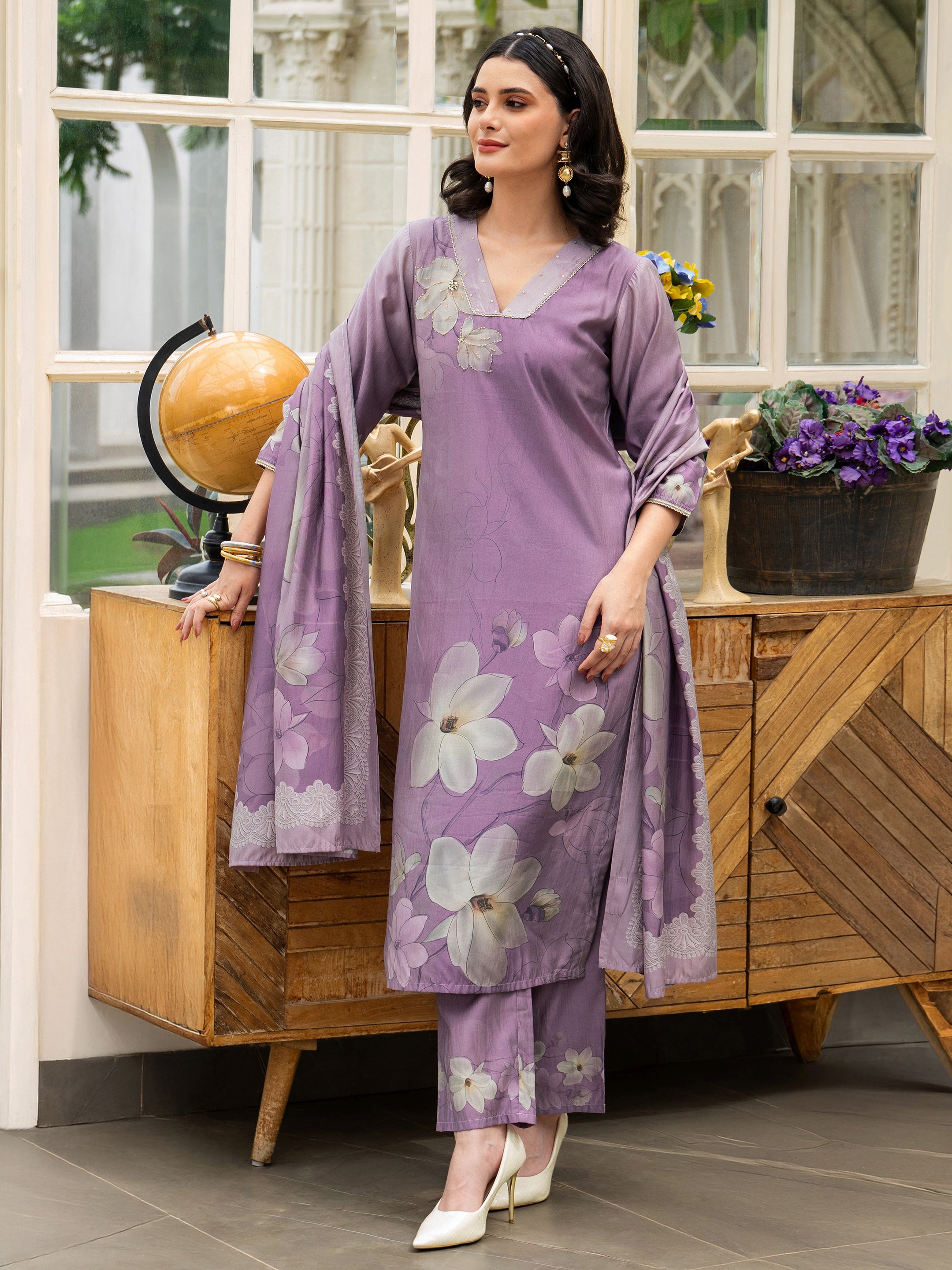 libas Lavender Printed Silk Blend Straight Suit Set With Dupatta-picture-27