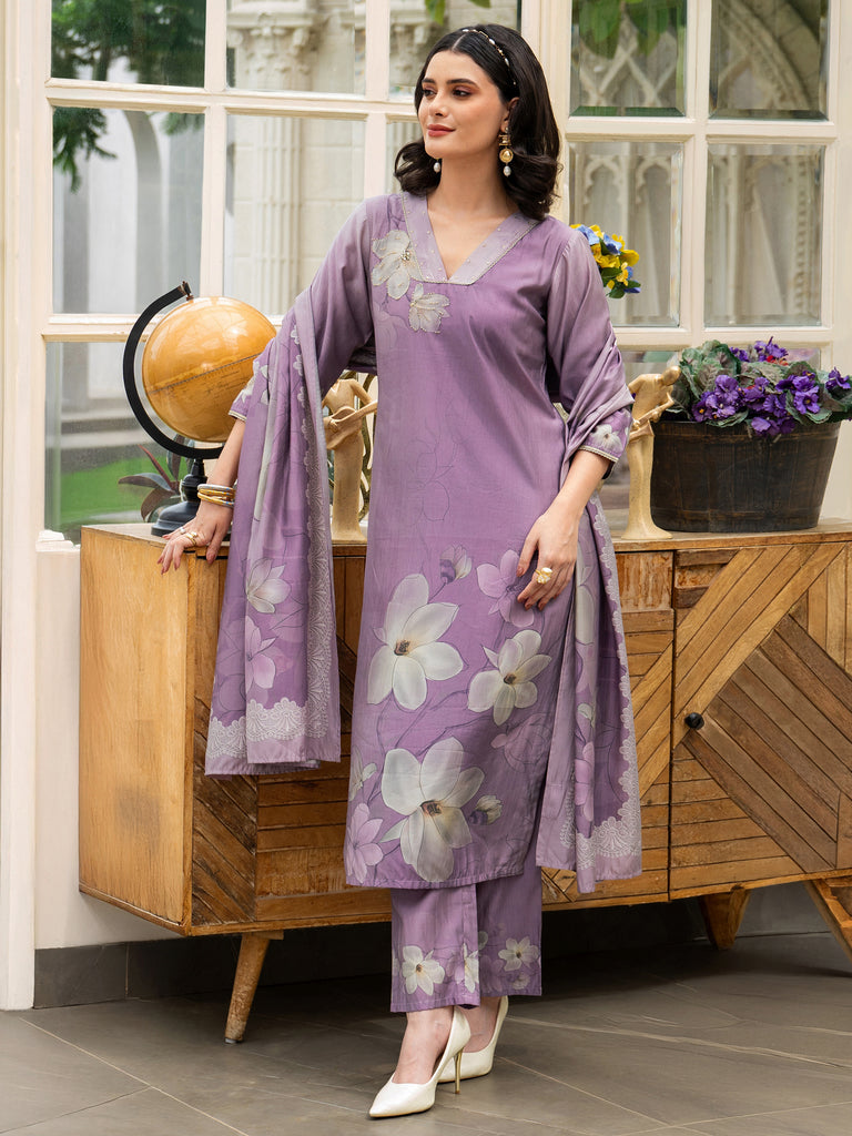 Libas Lavender Printed Silk Blend Straight Suit Set With Dupatta
