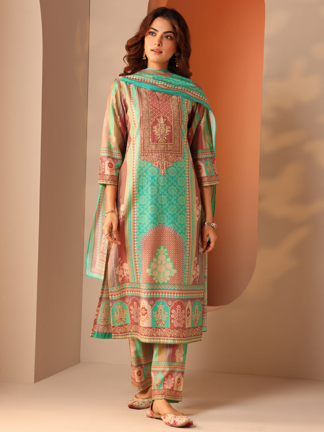  Multi Printed Silk Blend Straight Suit Set With Dupatta 