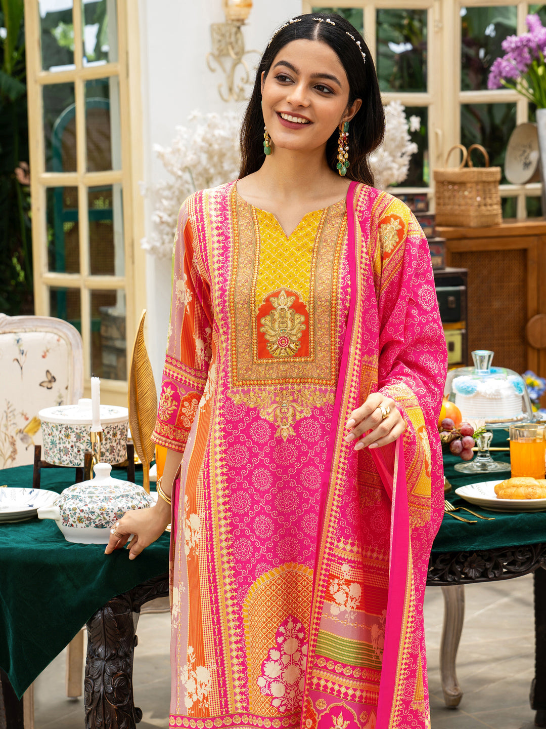 Multi Printed Silk Blend Straight Suit Set With Dupatta