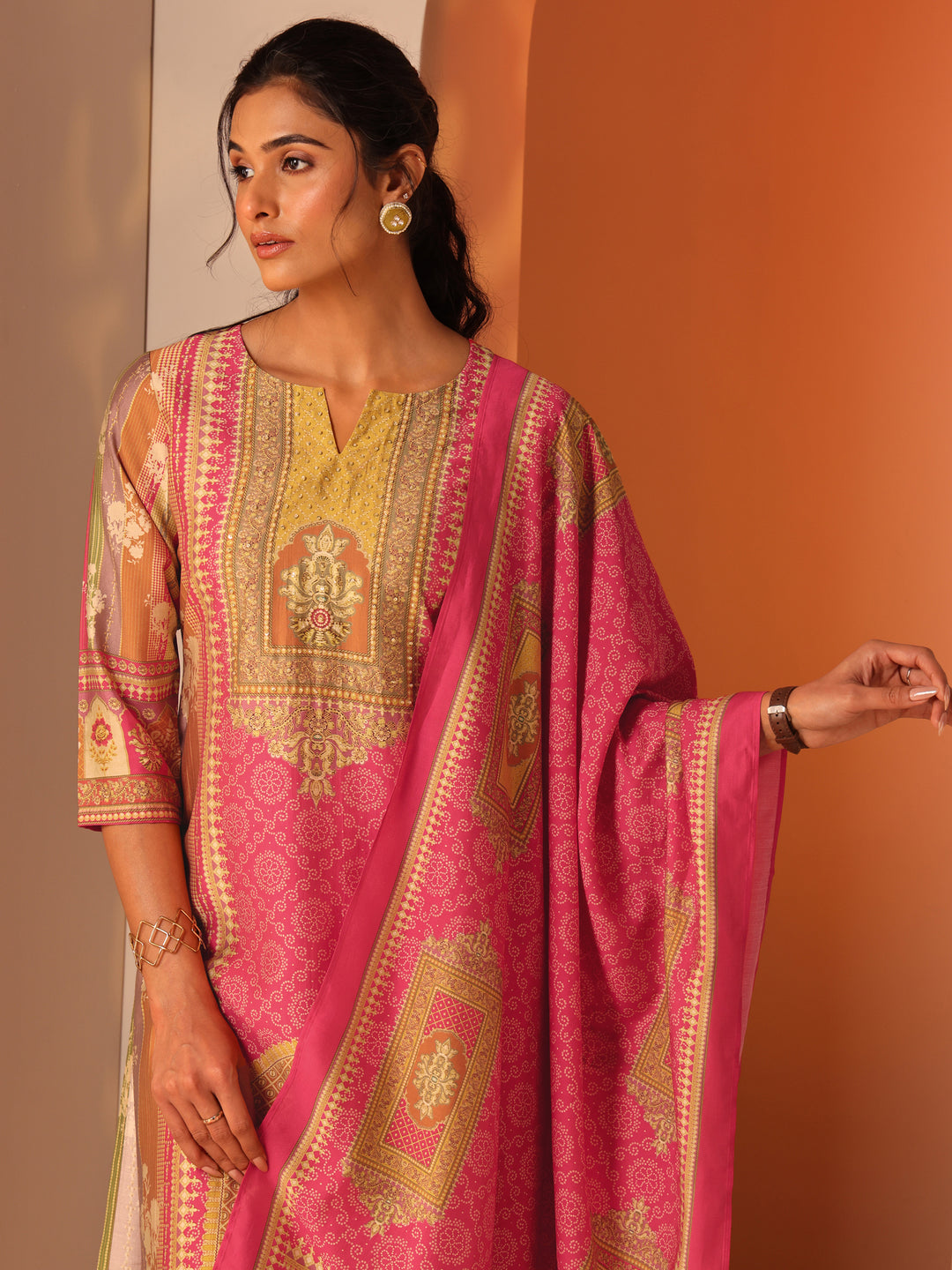  Multi Printed Silk Blend Straight Suit Set With Dupatta 