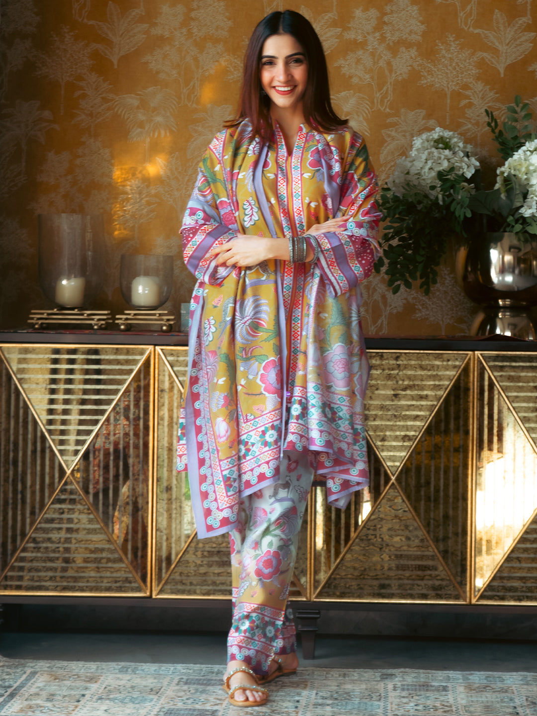  Multi Printed Silk Blend A-Line Suit Set With Dupatta 