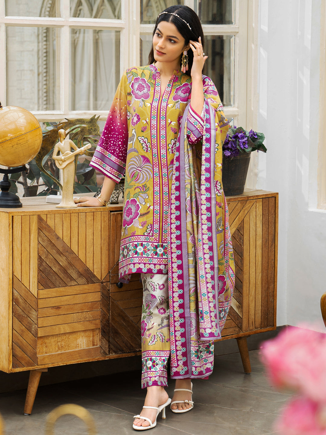  Multi Printed Silk Blend A-Line Suit Set With Dupatta 