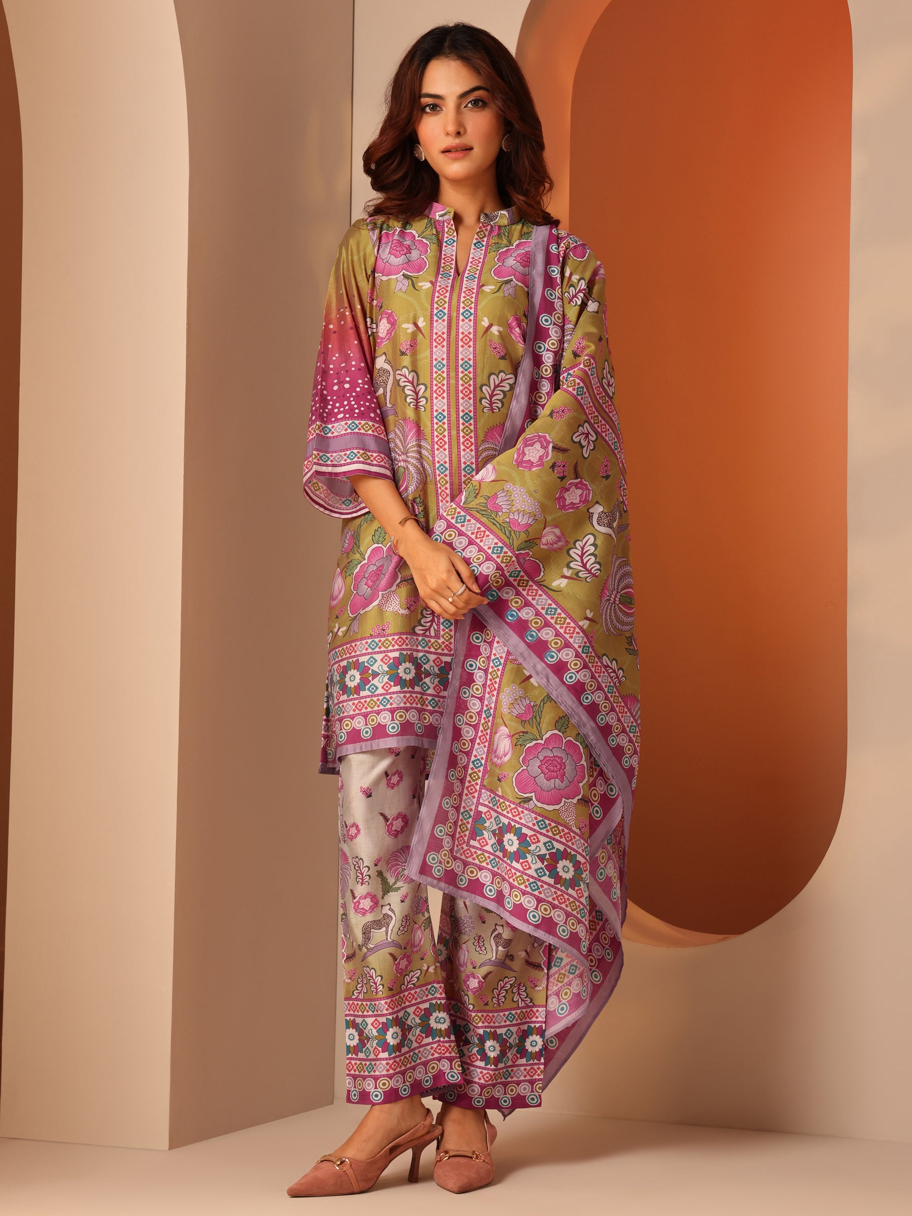 Multi Printed Silk Blend A-Line Suit Set With Dupatta