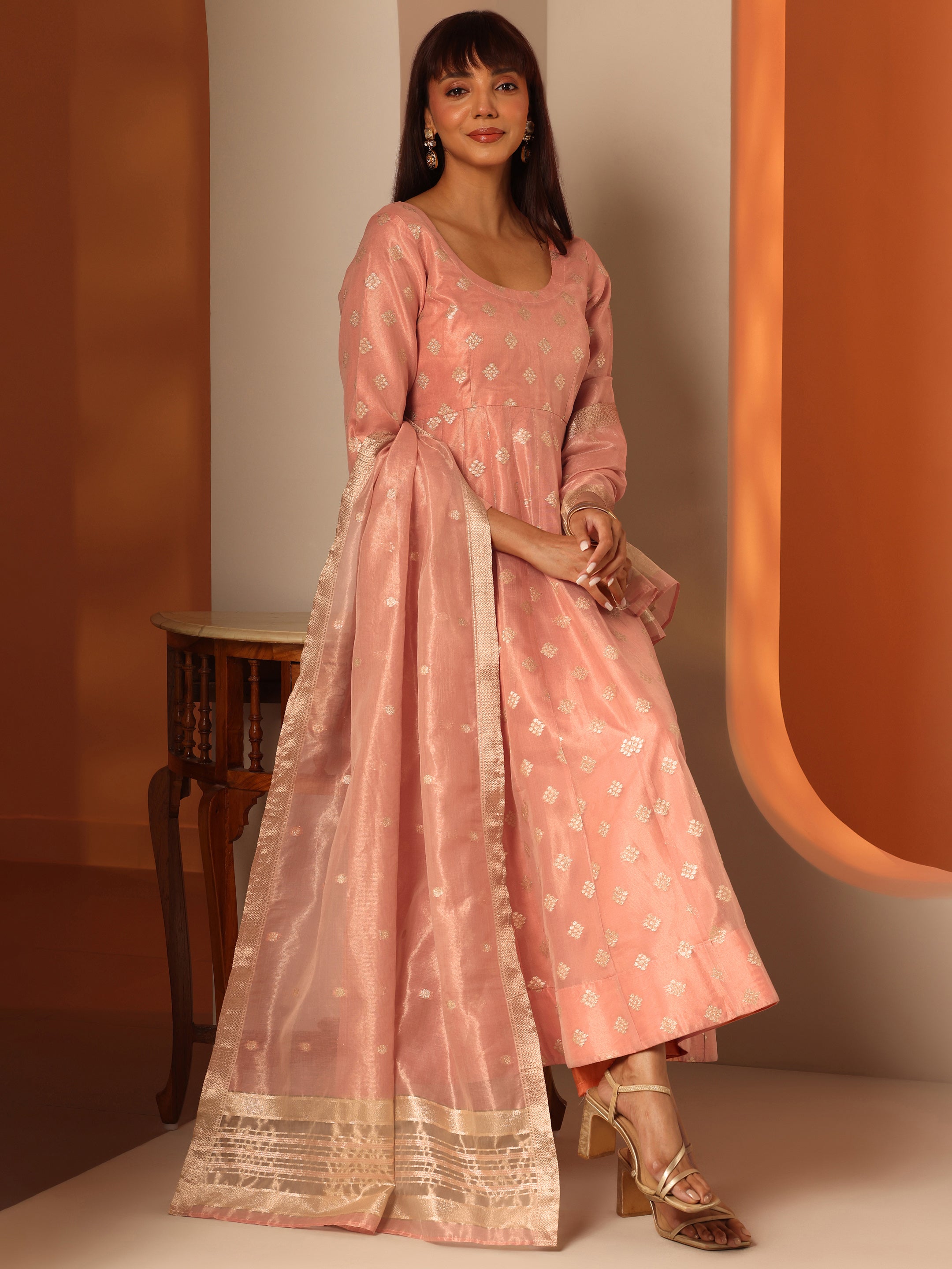 libas Peach Woven Design Silk Blend Anarkali Suit Set With Dupatta-picture-58