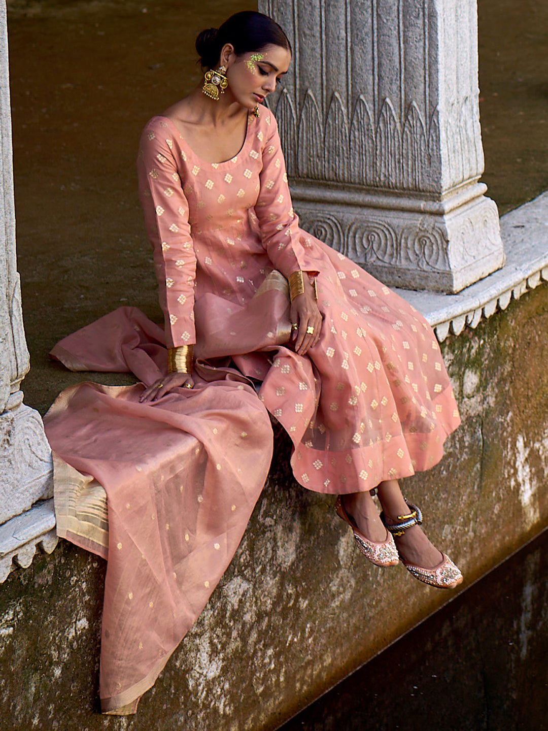 Peach Woven Design Silk Blend Anarkali Suit Set With Dupatta