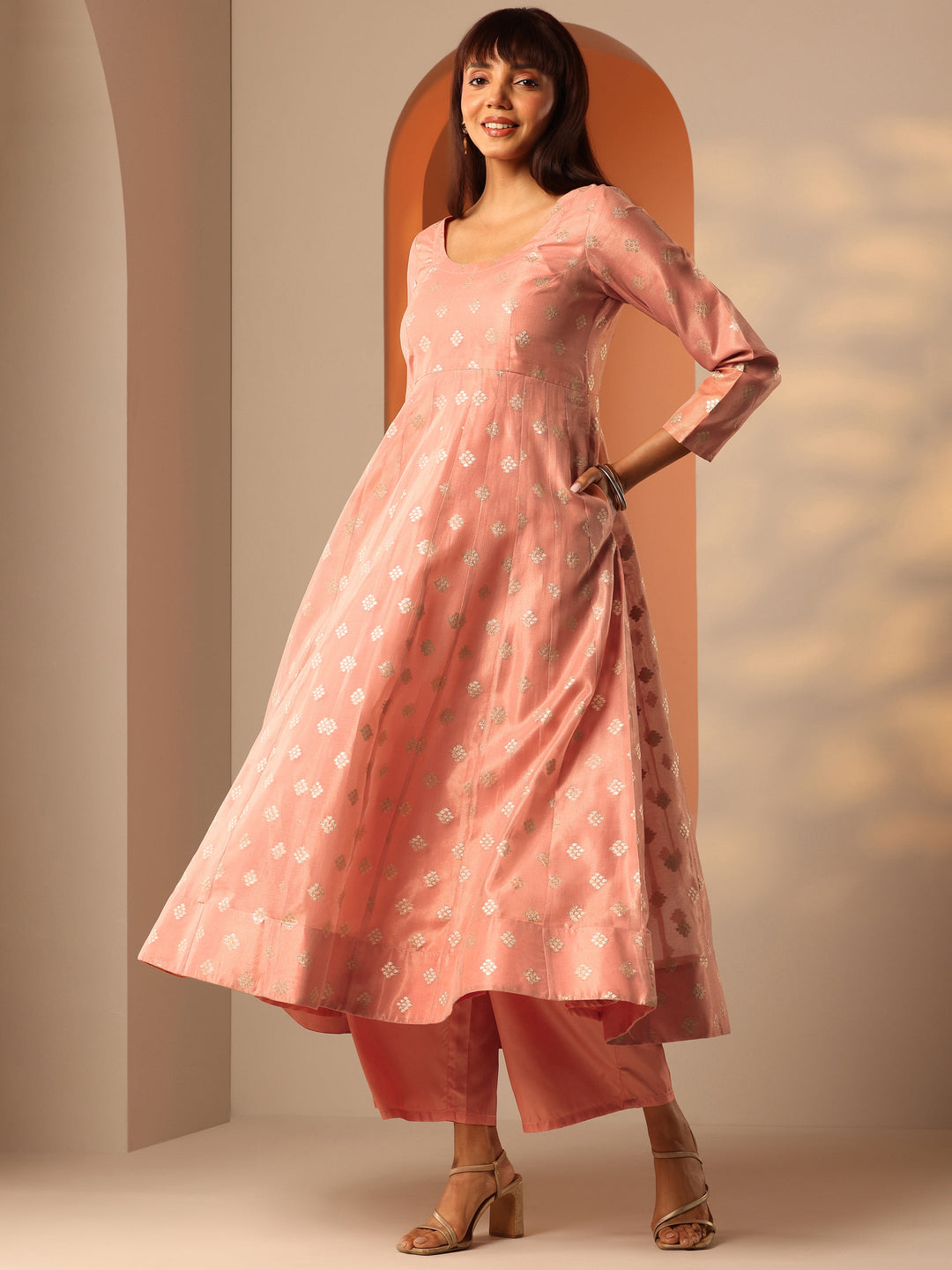  Peach Woven Design Silk Blend Anarkali Suit Set With Dupatta 