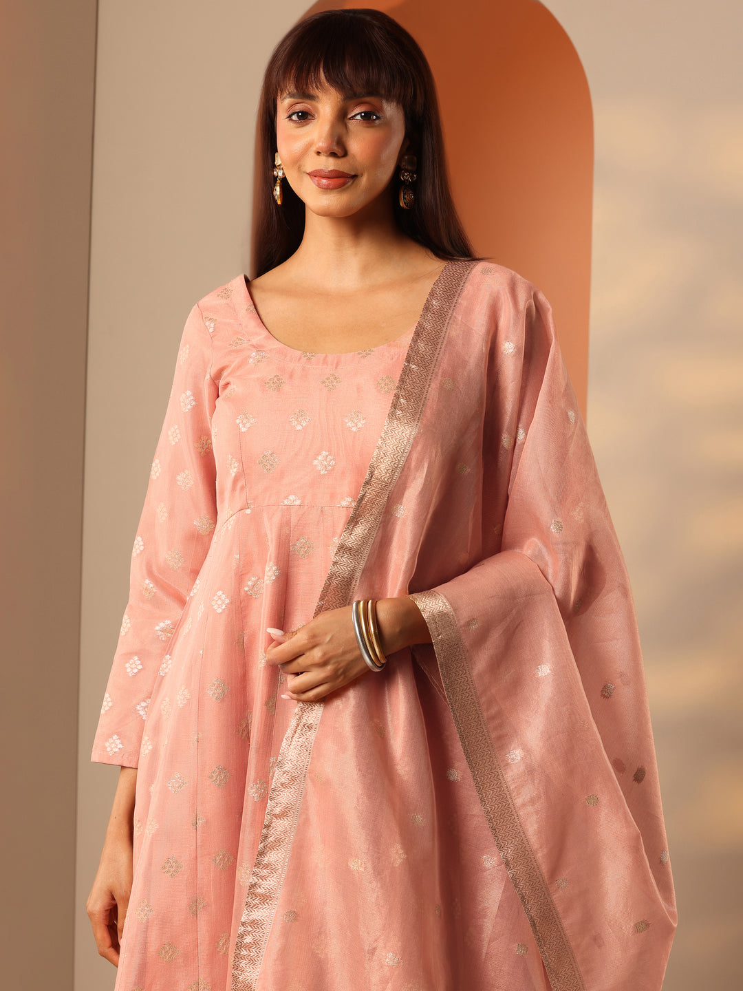  Peach Woven Design Silk Blend Anarkali Suit Set With Dupatta 