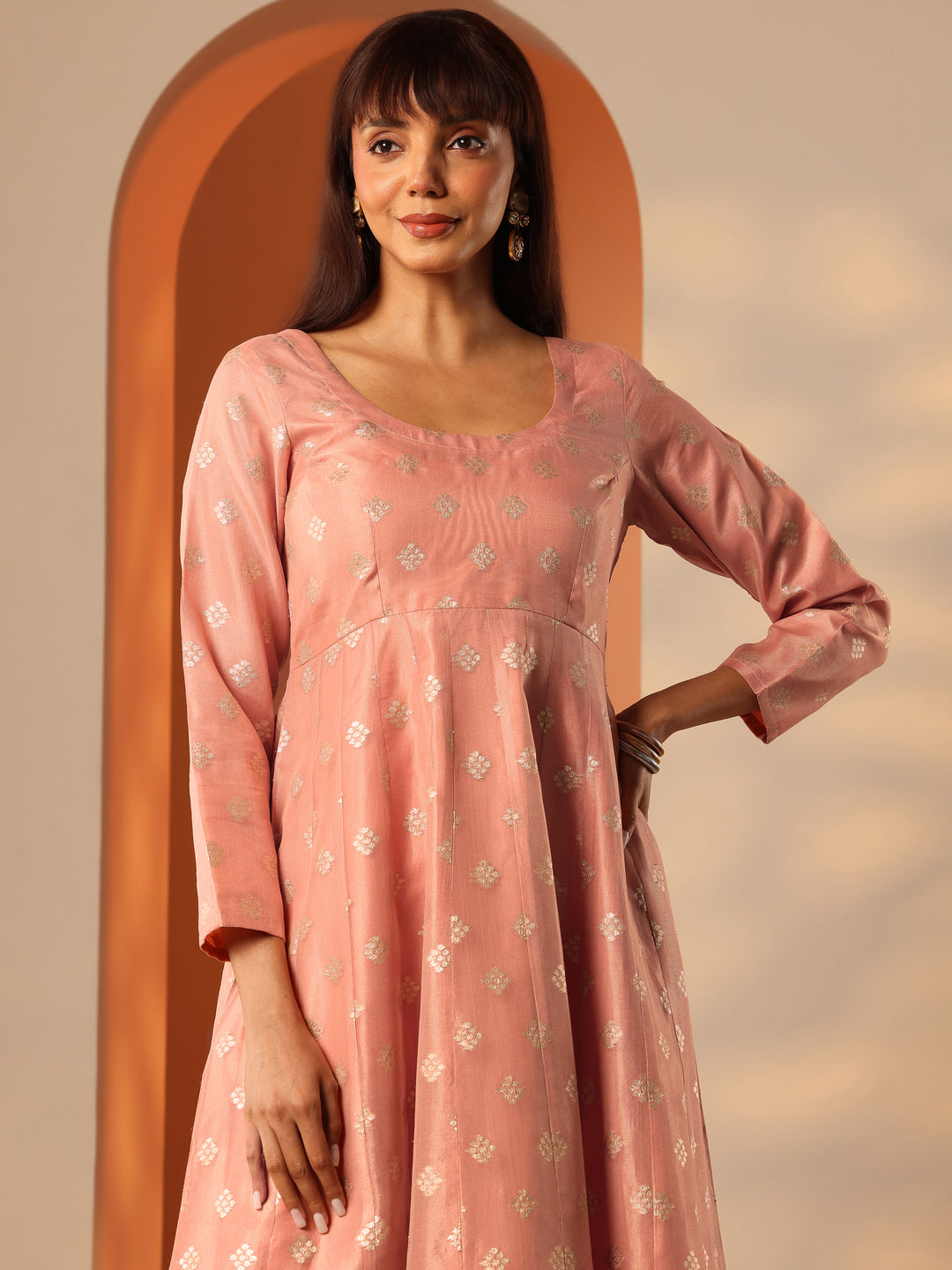  Peach Woven Design Silk Blend Anarkali Suit Set With Dupatta 