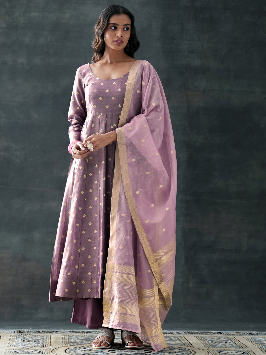  Mauve Woven Design Silk Blend Anarkali Suit Set With Dupatta 