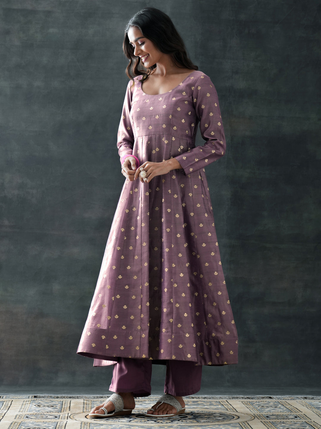  Mauve Woven Design Silk Blend Anarkali Suit Set With Dupatta 