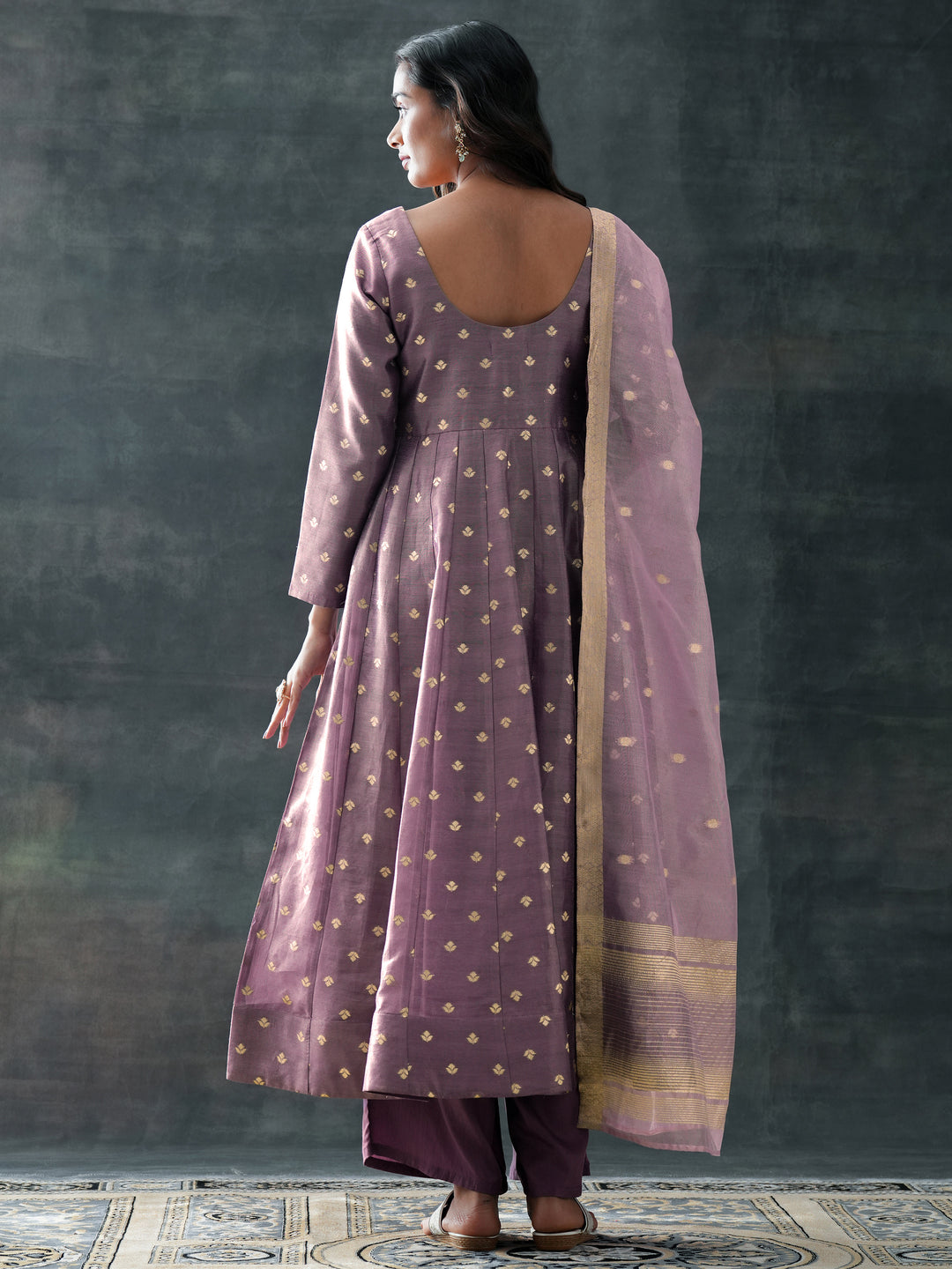  Mauve Woven Design Silk Blend Anarkali Suit Set With Dupatta 