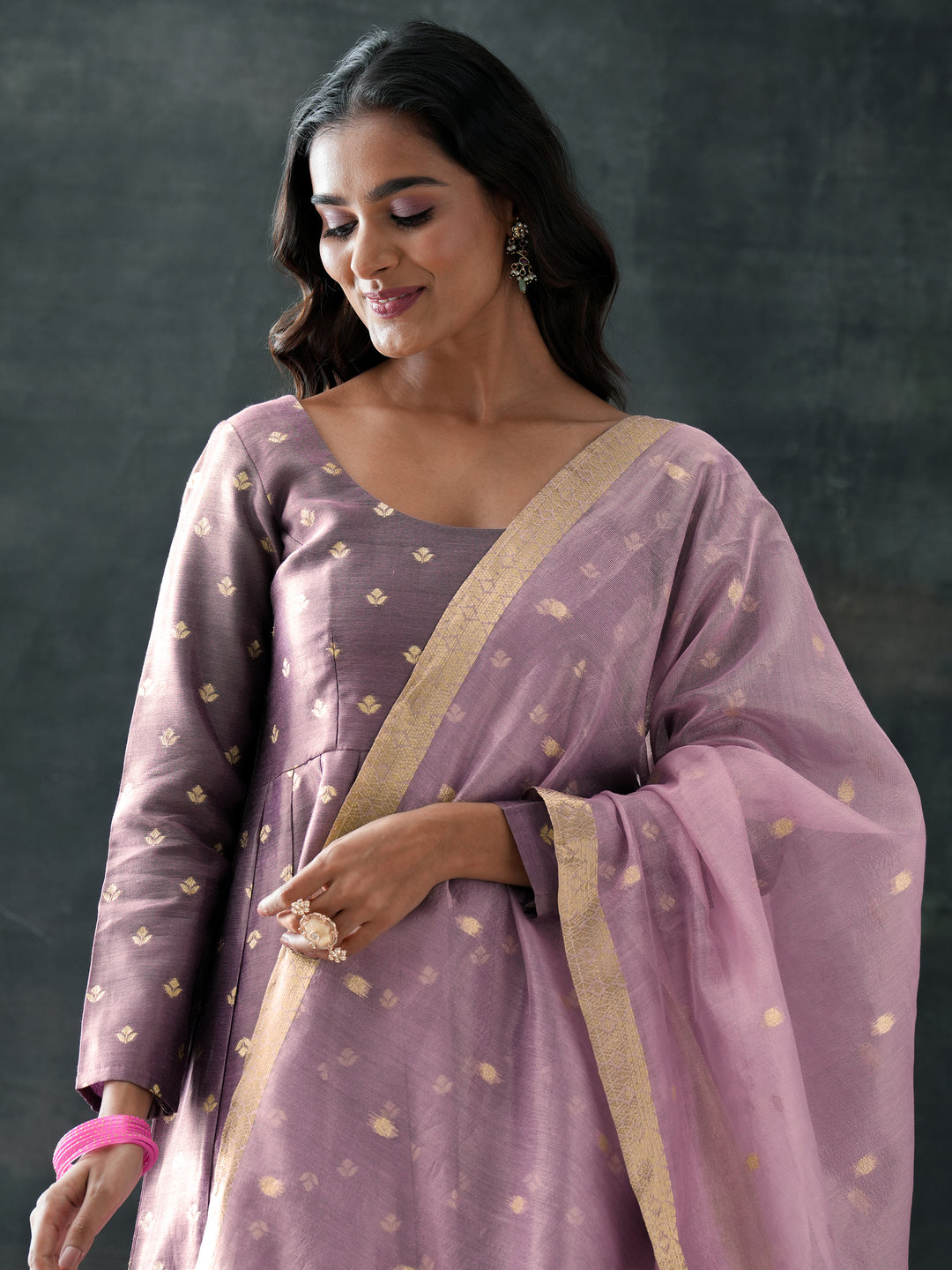  Mauve Woven Design Silk Blend Anarkali Suit Set With Dupatta 
